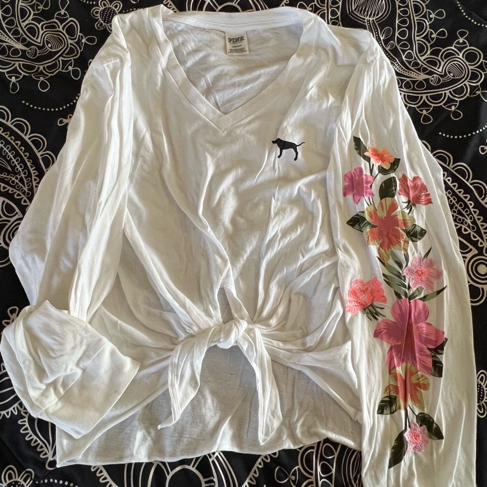 White Long Sleeve Top with Floral Sleeve
